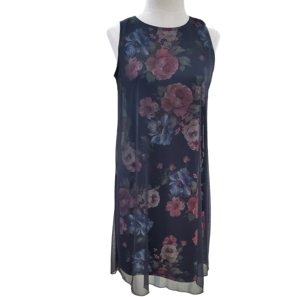 Nik & Nash sleeveless dress sz small floral pink black chiffon overlay stretch